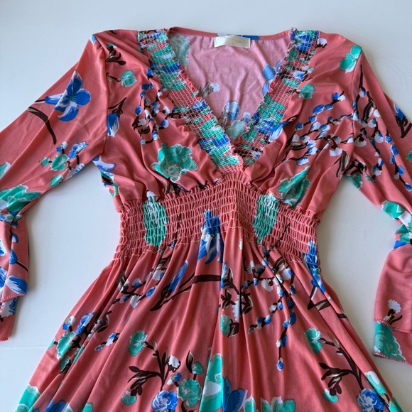 Y2K Babydoll V Neck Pink and Floral Tunic Top Smocked Waist with Bell Sleeves - Picture 6 of 7